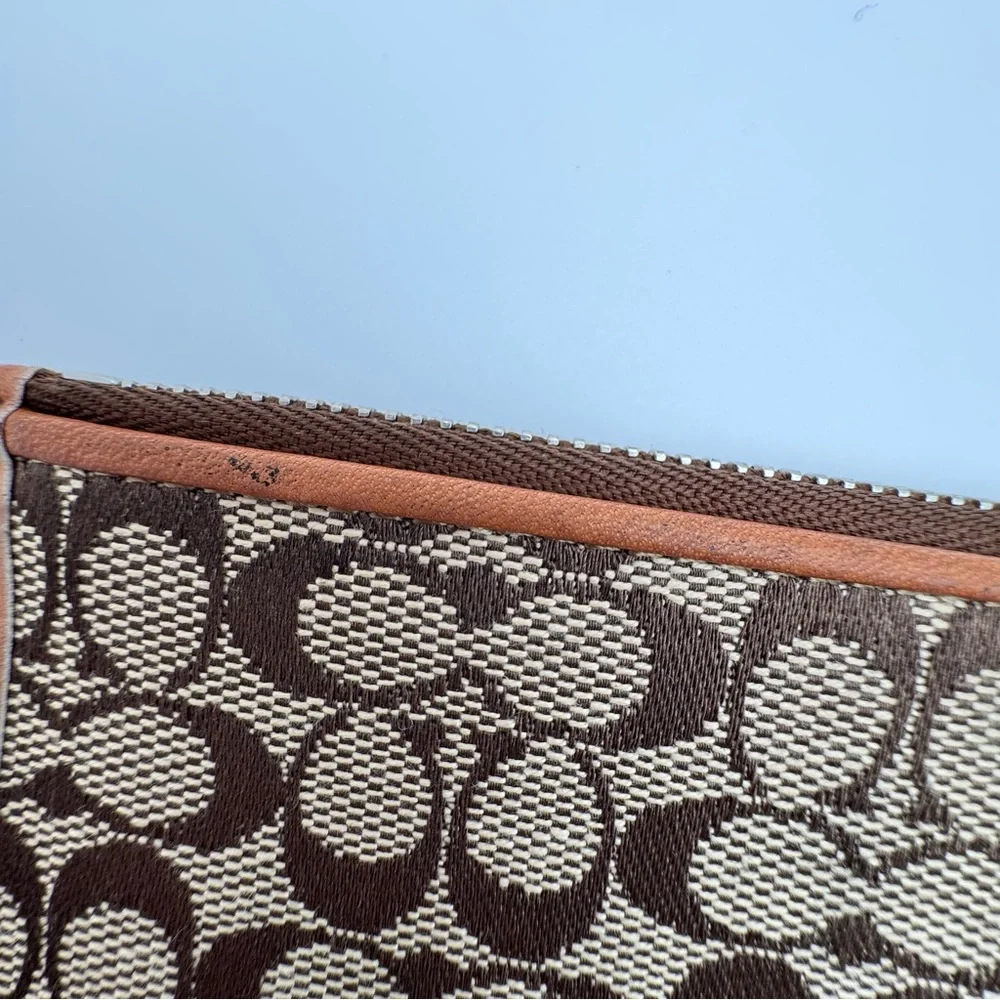 Vintage Coach Y2K Signature Jacquard Zip Pouch Brown Khaki Leather Trim Hangtag
